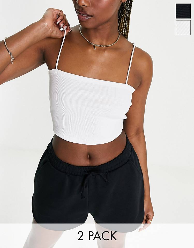 Miss Selfridge 2-pack skinny strap cropped camis in black and white